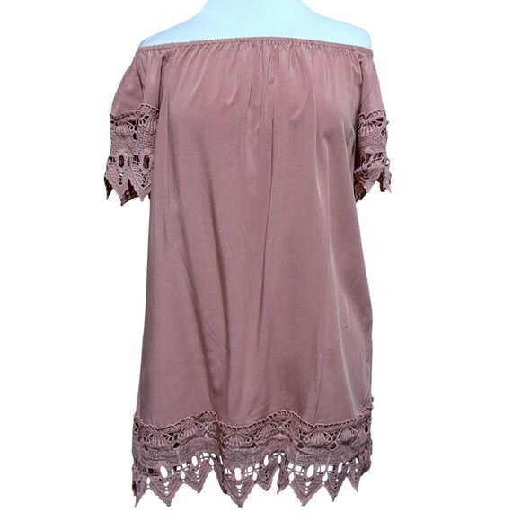 Iris Off Shoulder Mauve Cover-Up Dress Lace Sleeves Hem Cotton Shift Boho Sz S - Picture 1 of 8